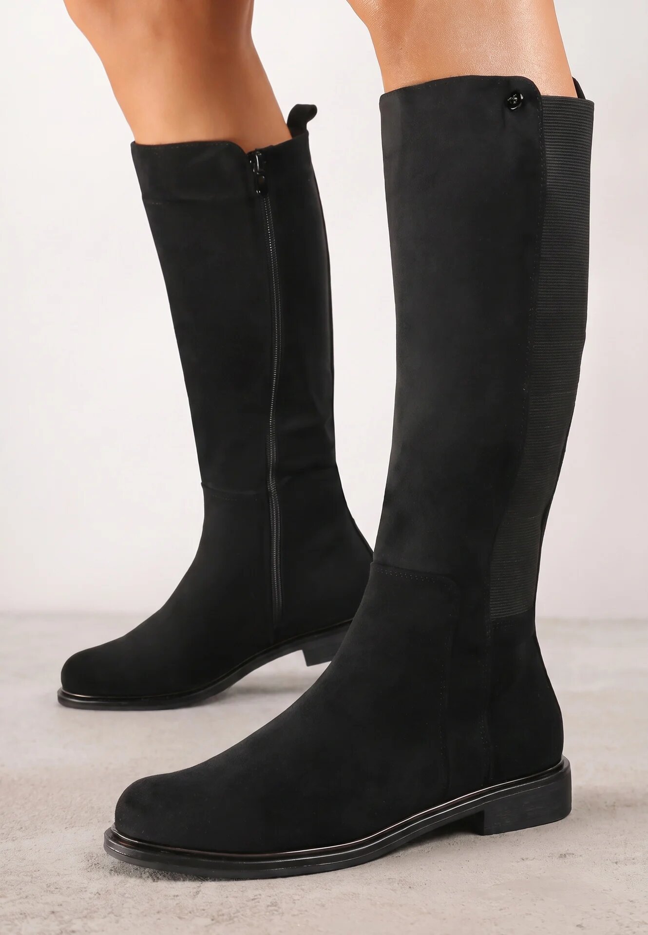  Cizme Negre din ecosamot cu talpă plată în stil ofițeresc cu elastic Ansista