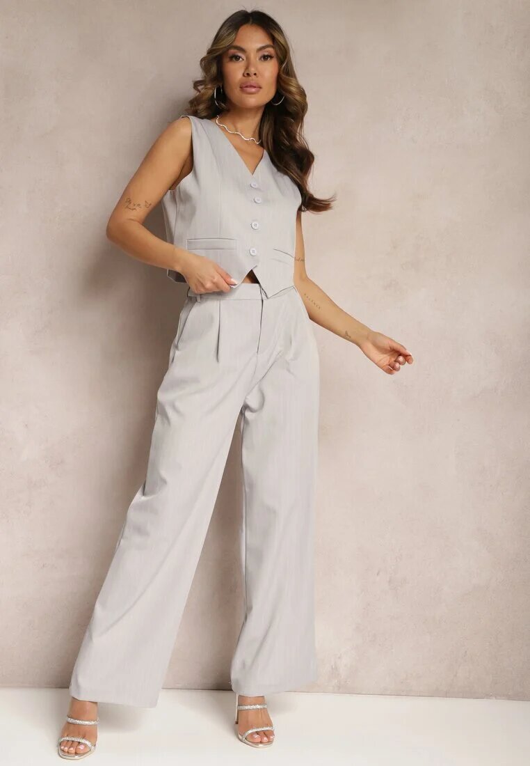  Completul de costum Gri cu dungi delicate cu vestă și pantaloni largi Paliera