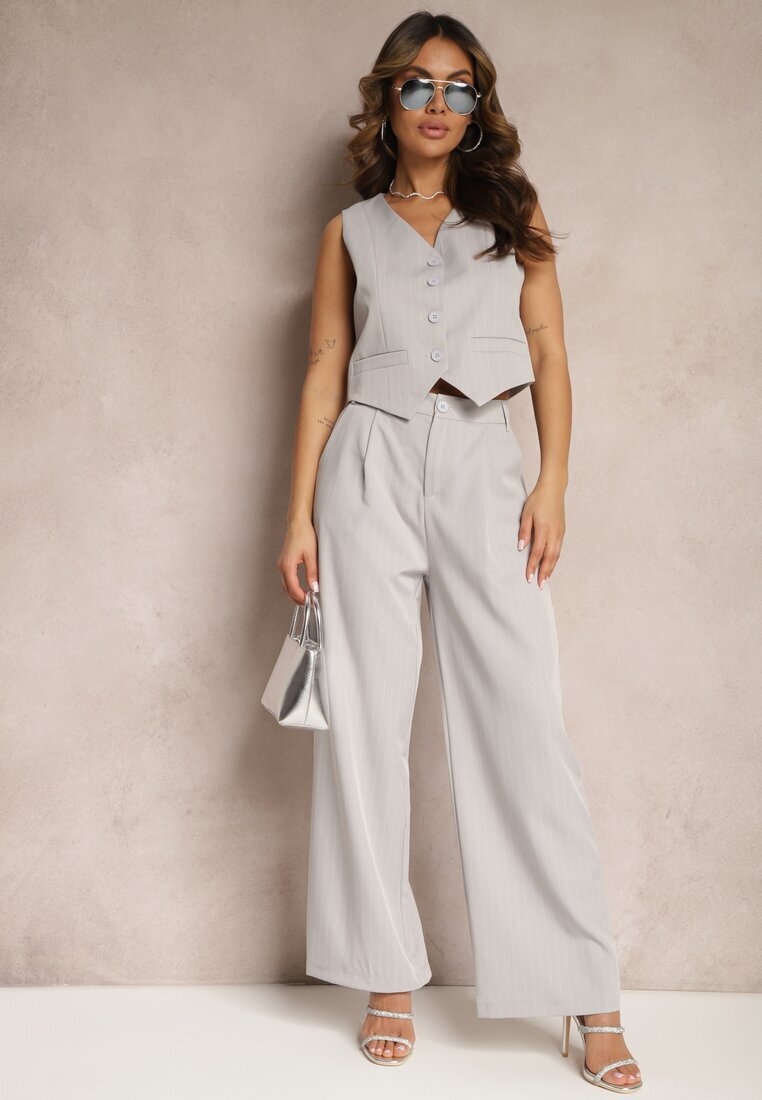  Completul de costum Gri cu dungi delicate cu vestă și pantaloni largi Paliera