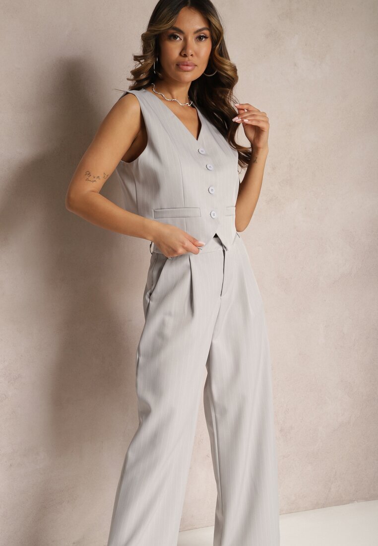  Completul de costum Gri cu dungi delicate cu vestă și pantaloni largi Paliera