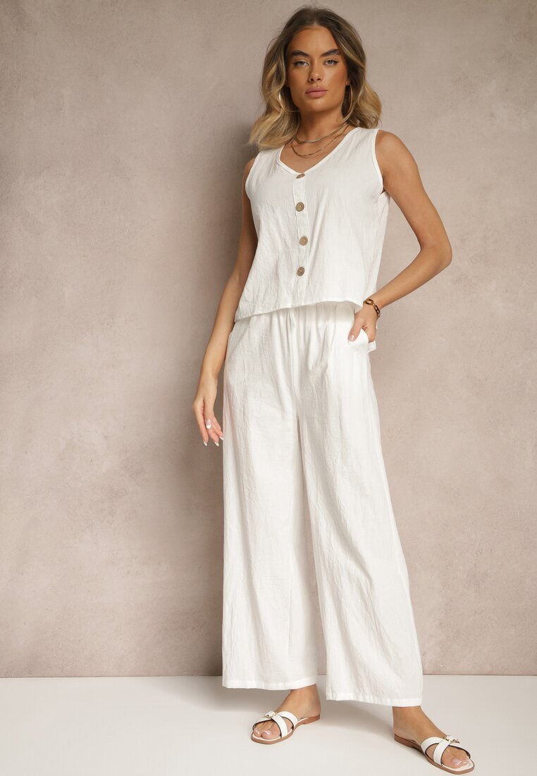  Compleu Alb din Bumbac Bluză cu Nasturi Pantaloni Largi cu Elastic în Talie Floricella