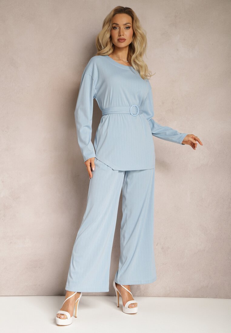  Compleu Albastru deschis Bluză și Pantaloni cu craci drepți și elastic Daeirassa