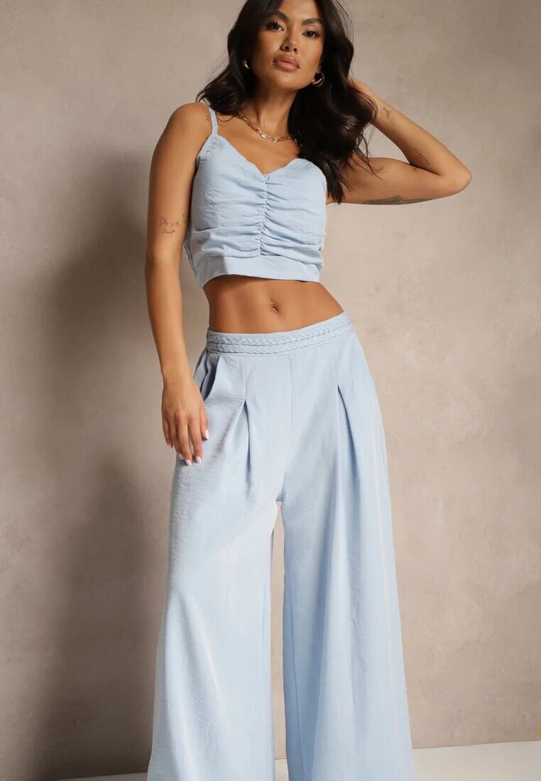  Compleu Albastru Deschis cu Viscoză Pantaloni Largi Top cu Cupe Buretate Tirtebis