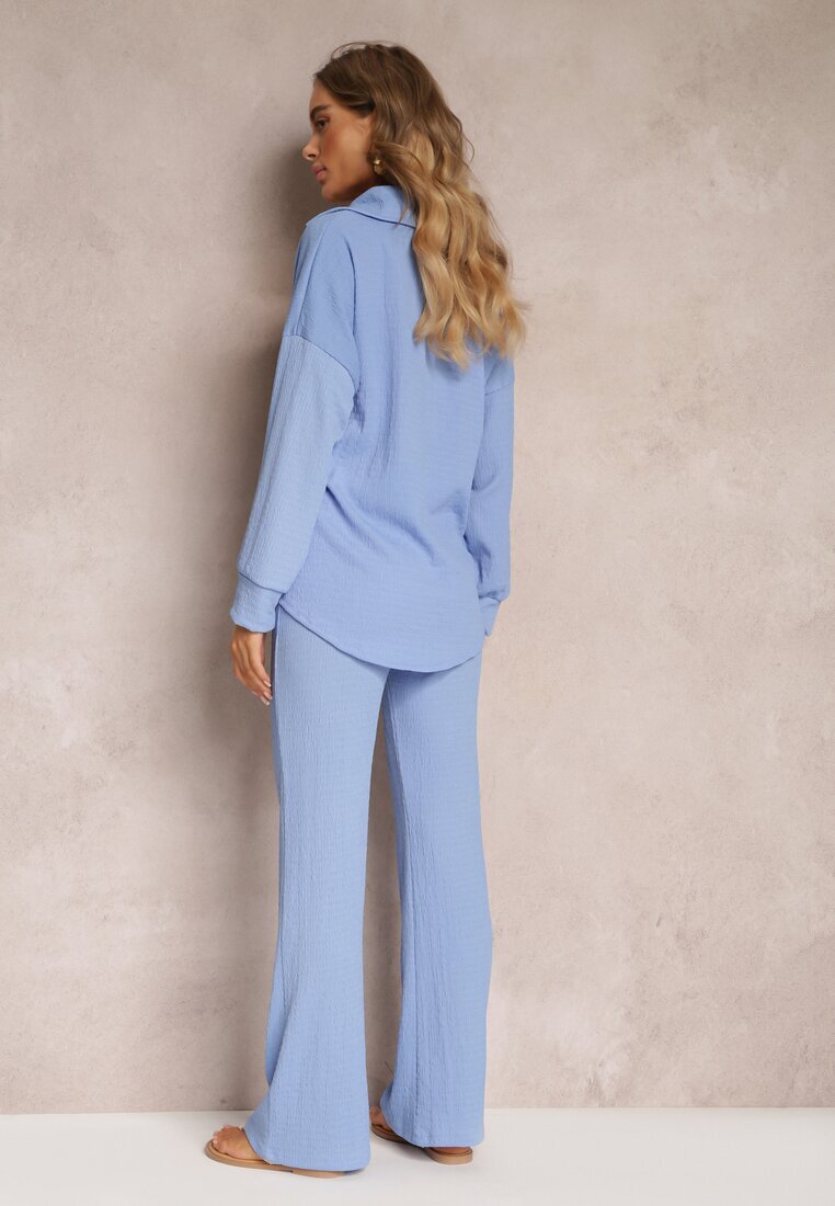  Compleu Albastru în 2 piese cu Cămașă și Pantaloni Decorat cu Imprimeu Delicat Jaila