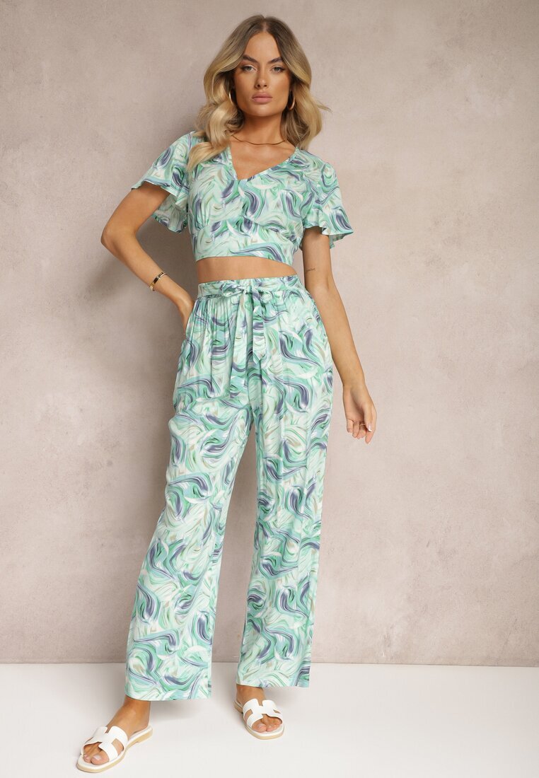  Compleu Albastru-Verde din Bumbac Top scurt cu croială tip cămașă Pantaloni cu elastic și șnur Areadia