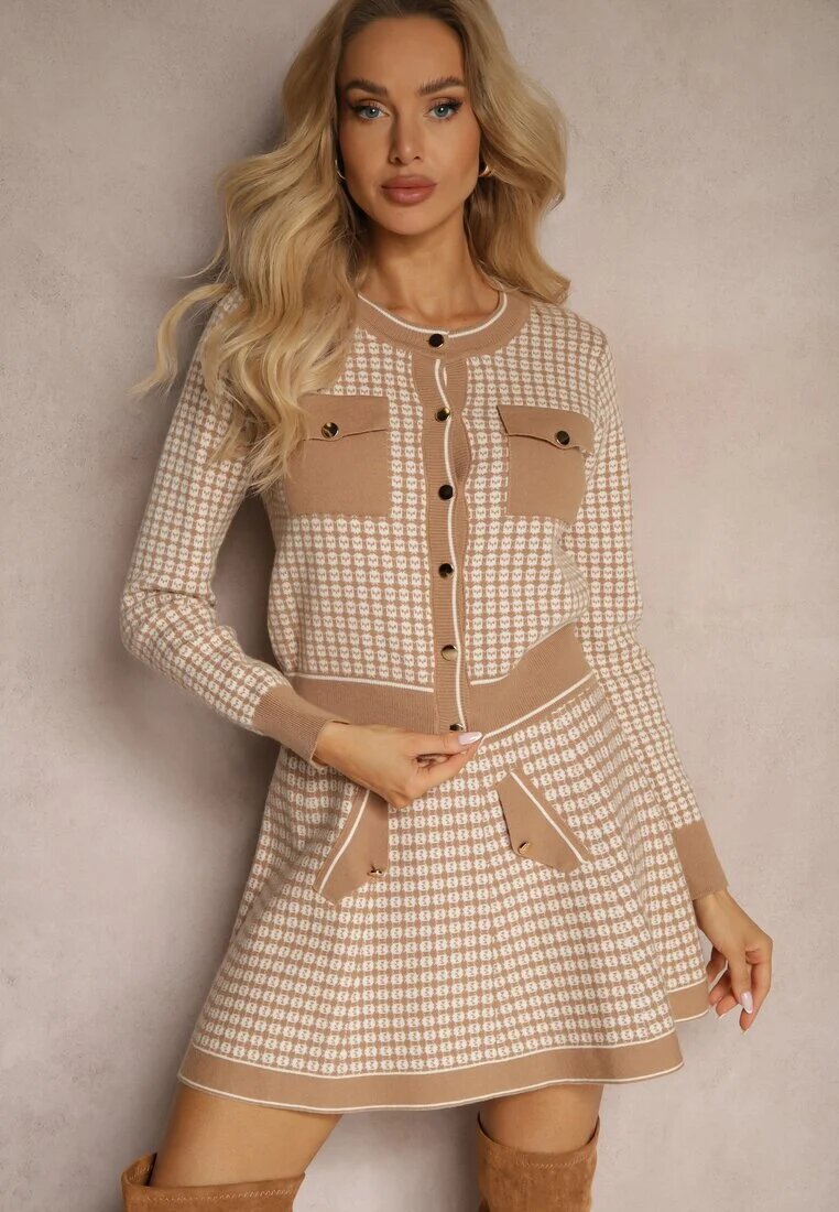  Compleu Bej din tricot Fustă cloche și Cardigan deschis Zemida