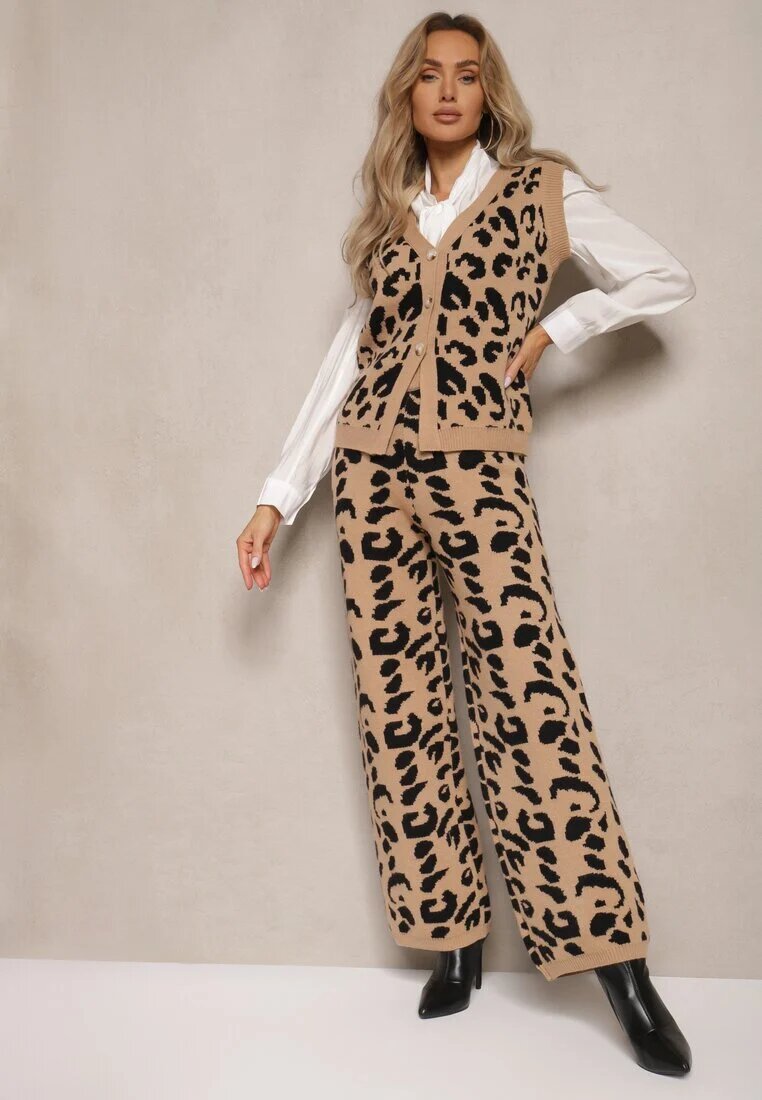  Compleu bej-negru cu imprimeu leopard din tricot cu viscoză vestă cu nasturi și pantaloni largi Elttia