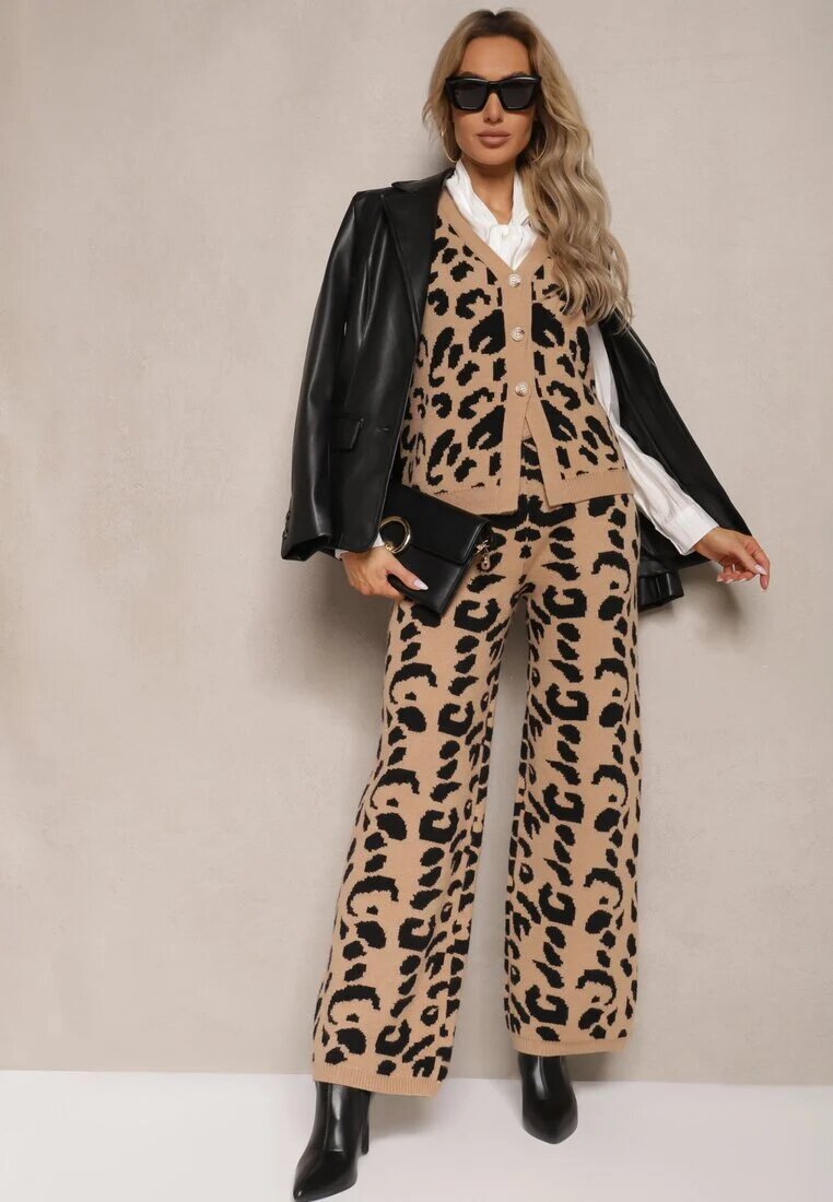  Compleu bej-negru cu imprimeu leopard din tricot cu viscoză vestă cu nasturi și pantaloni largi Elttia