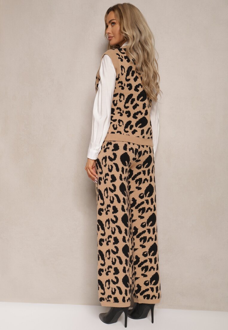  Compleu bej-negru cu imprimeu leopard din tricot cu viscoză vestă cu nasturi și pantaloni largi Elttia