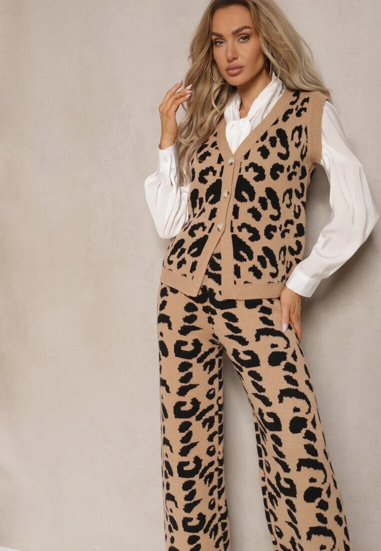  Compleu bej-negru cu imprimeu leopard din tricot cu viscoză vestă cu nasturi și pantaloni largi Elttia
