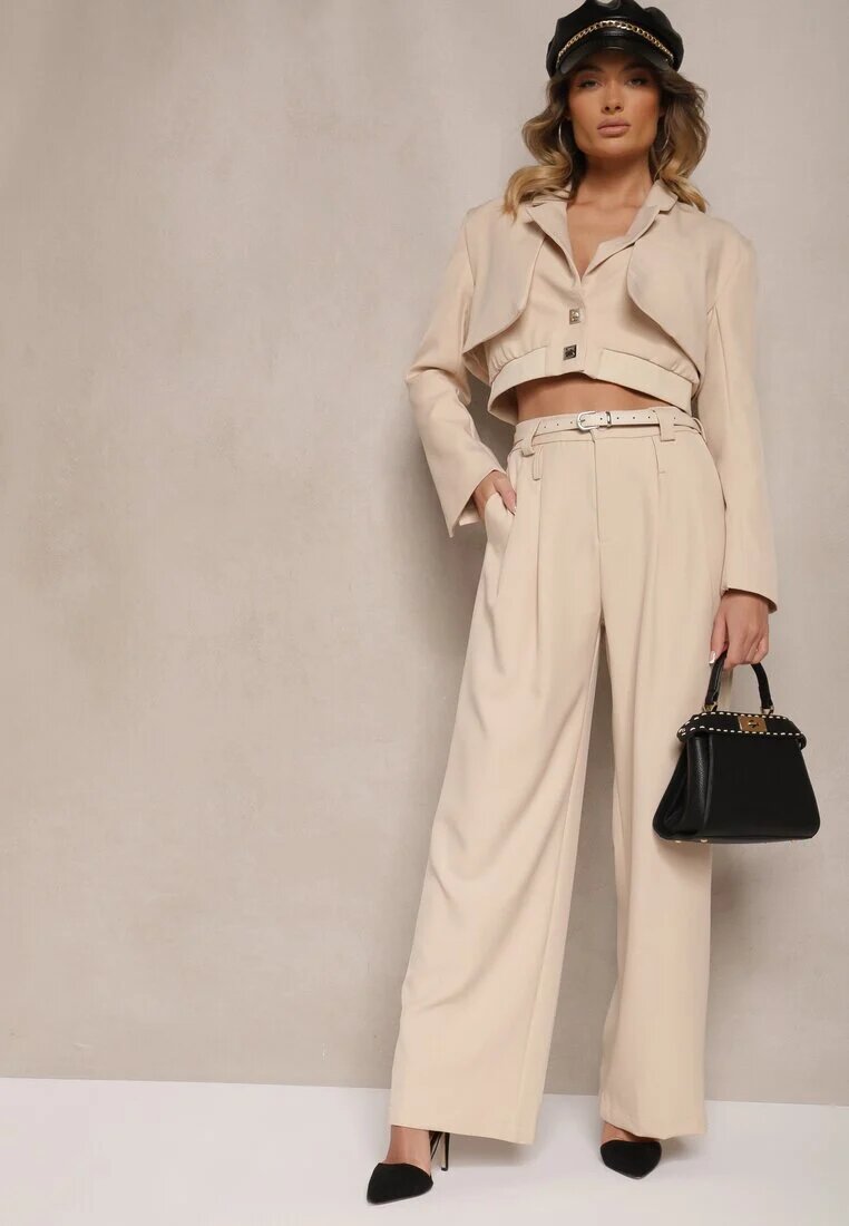  Compleu Bej tip Costum Sacou Scurt și Pantaloni Lungi Lejeri cu Două Curele în Talie Rilithra