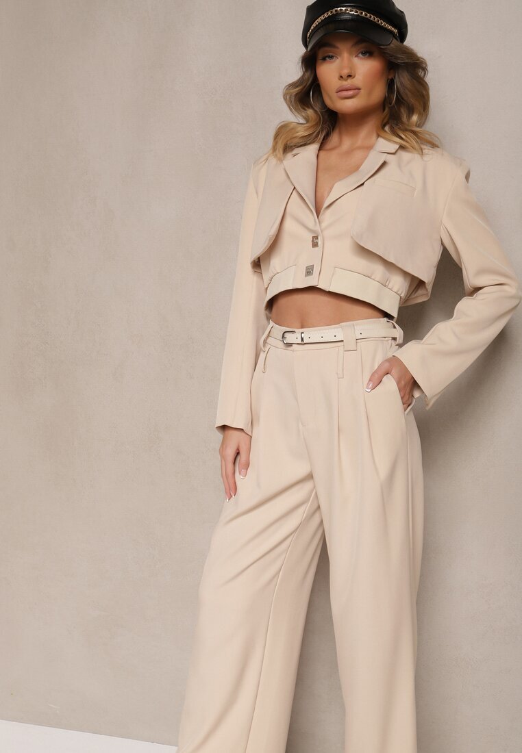  Compleu Bej tip Costum Sacou Scurt și Pantaloni Lungi Lejeri cu Două Curele în Talie Rilithra