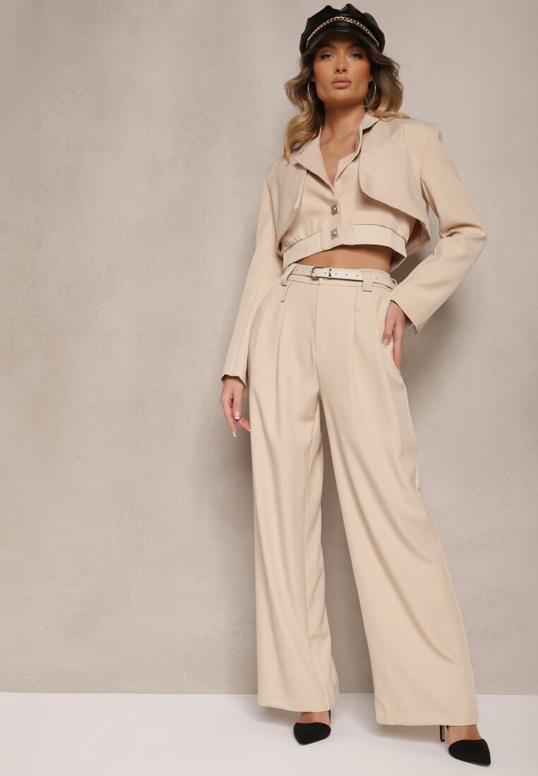  Compleu Bej tip Costum Sacou Scurt și Pantaloni Lungi Lejeri cu Două Curele în Talie Rilithra