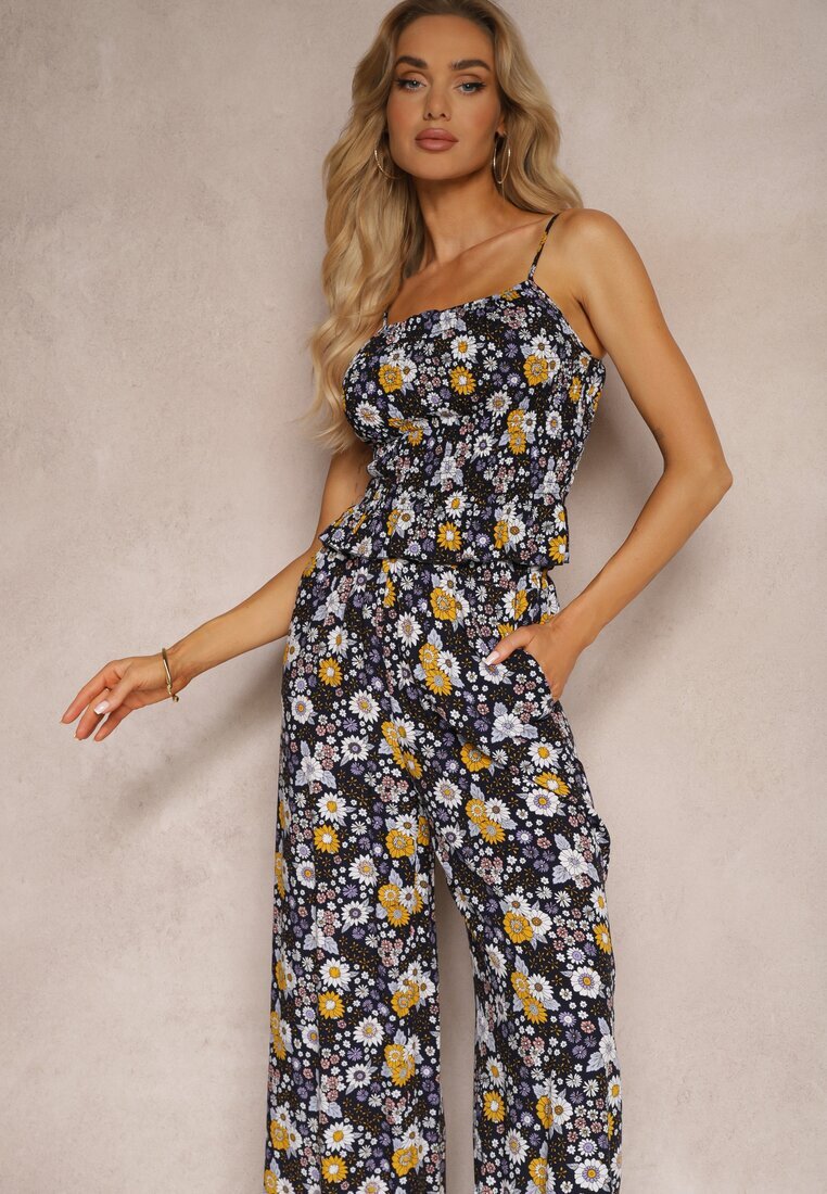  Compleu bleumarin din bumbac cu top încrețit cu bretele și pantaloni largi cu elastic în talie Elary