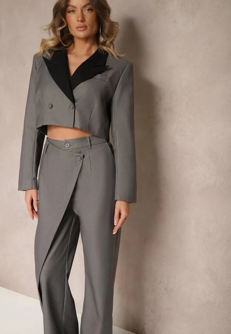  Compleu Costum Gri cu Sacou Scurt și Pantaloni Asimetrici Remilena