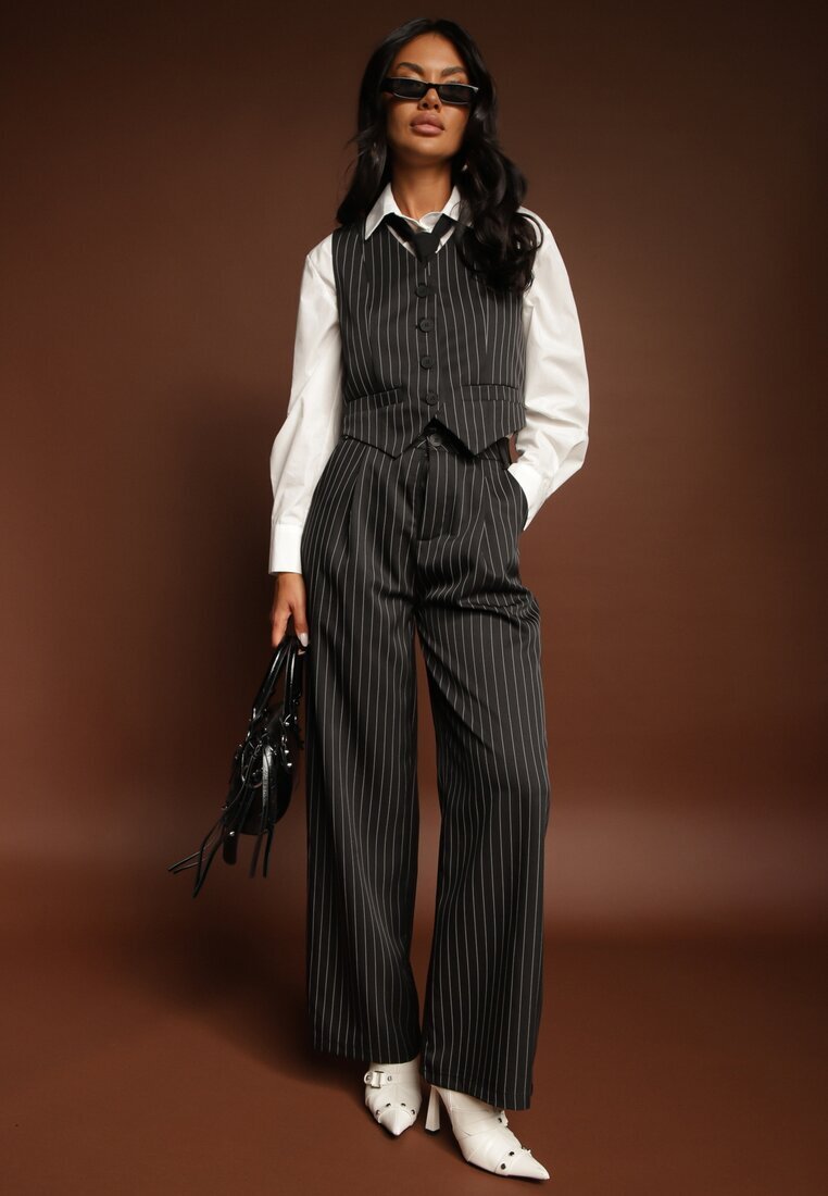  Compleu de costum Negru cu Dungi Delicate cu Vestă și Pantaloni Largi Paliera