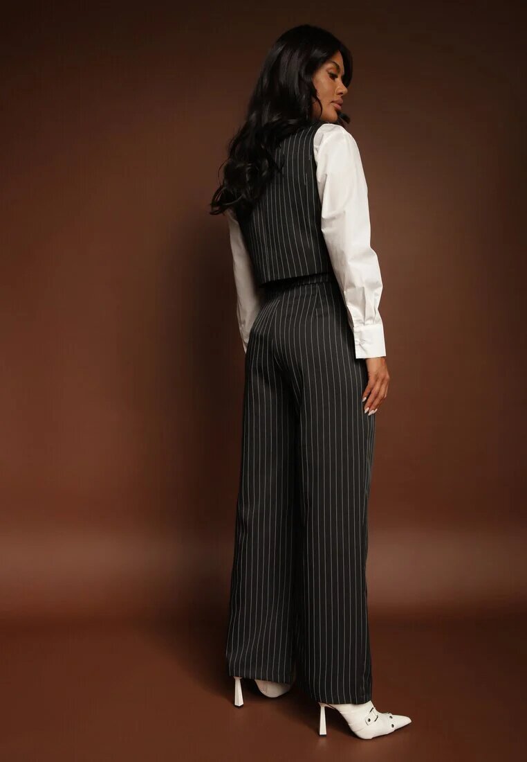  Compleu de costum Negru cu Dungi Delicate cu Vestă și Pantaloni Largi Paliera