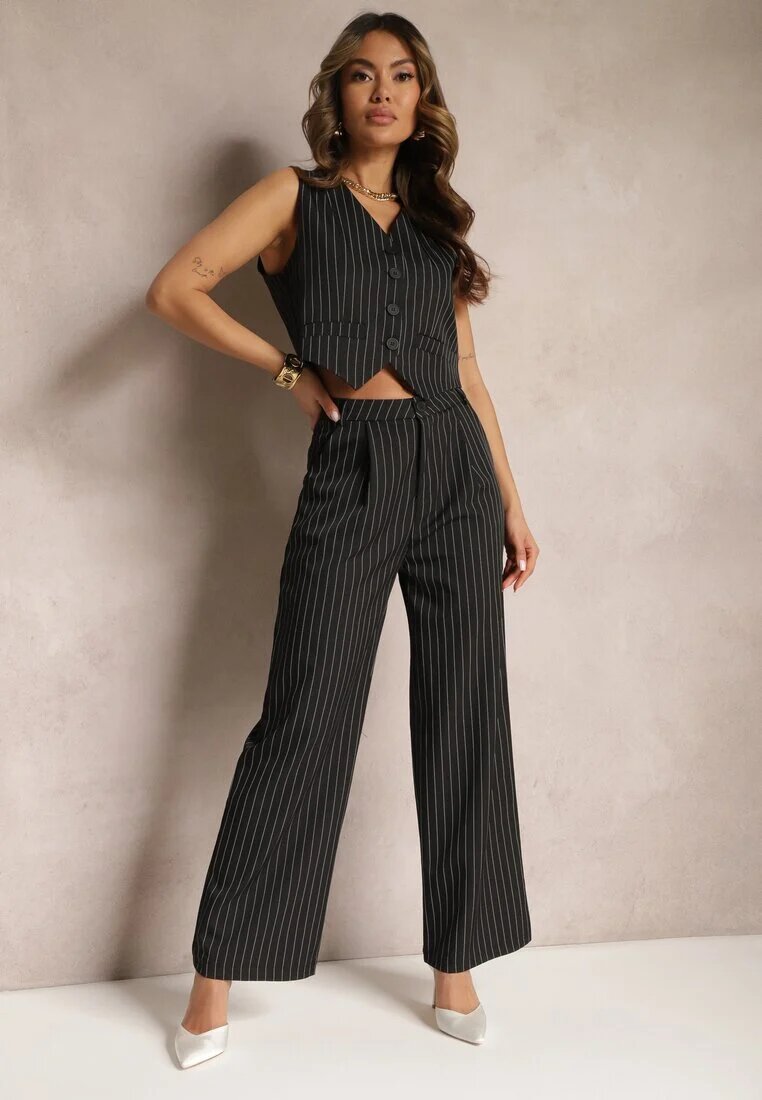  Compleu de costum Negru cu Dungi Delicate cu Vestă și Pantaloni Largi Paliera