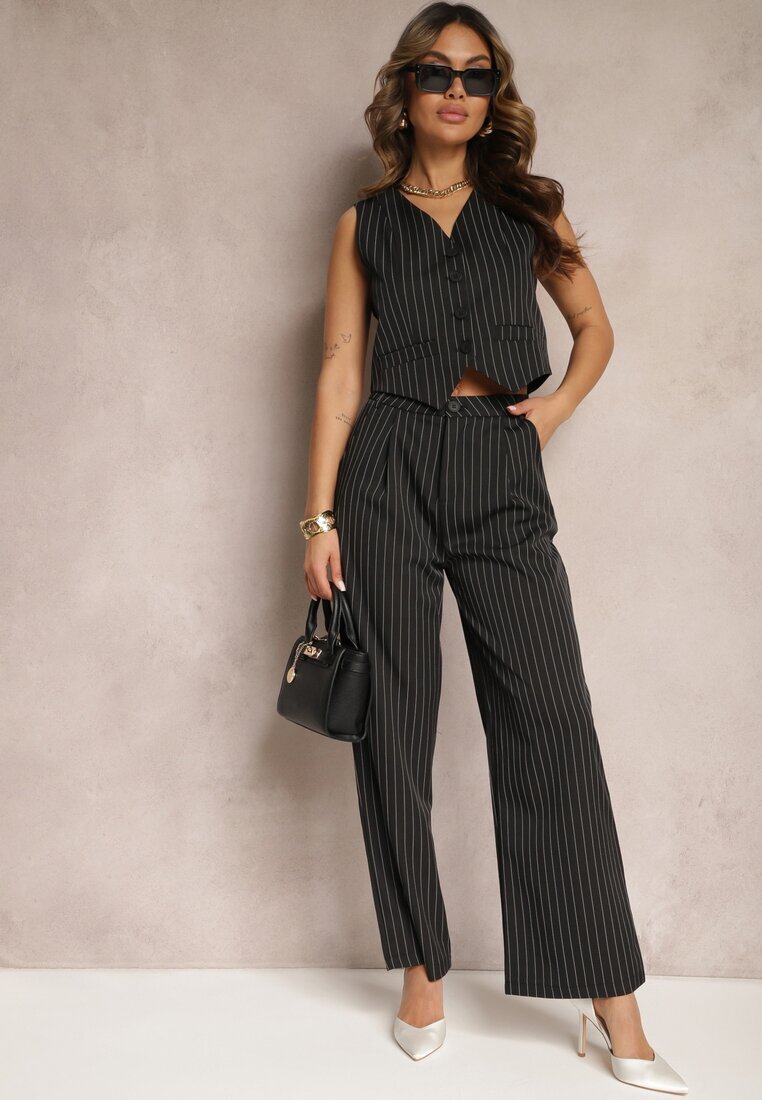  Compleu de costum Negru cu Dungi Delicate cu Vestă și Pantaloni Largi Paliera