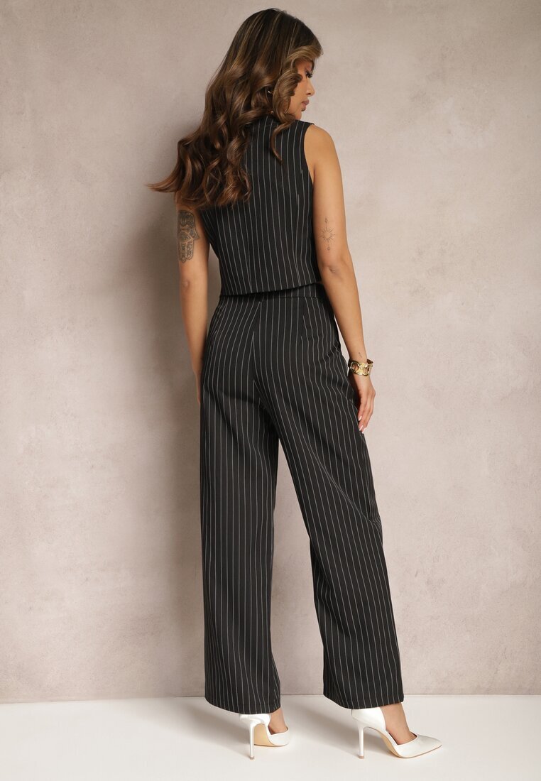  Compleu de costum Negru cu Dungi Delicate cu Vestă și Pantaloni Largi Paliera