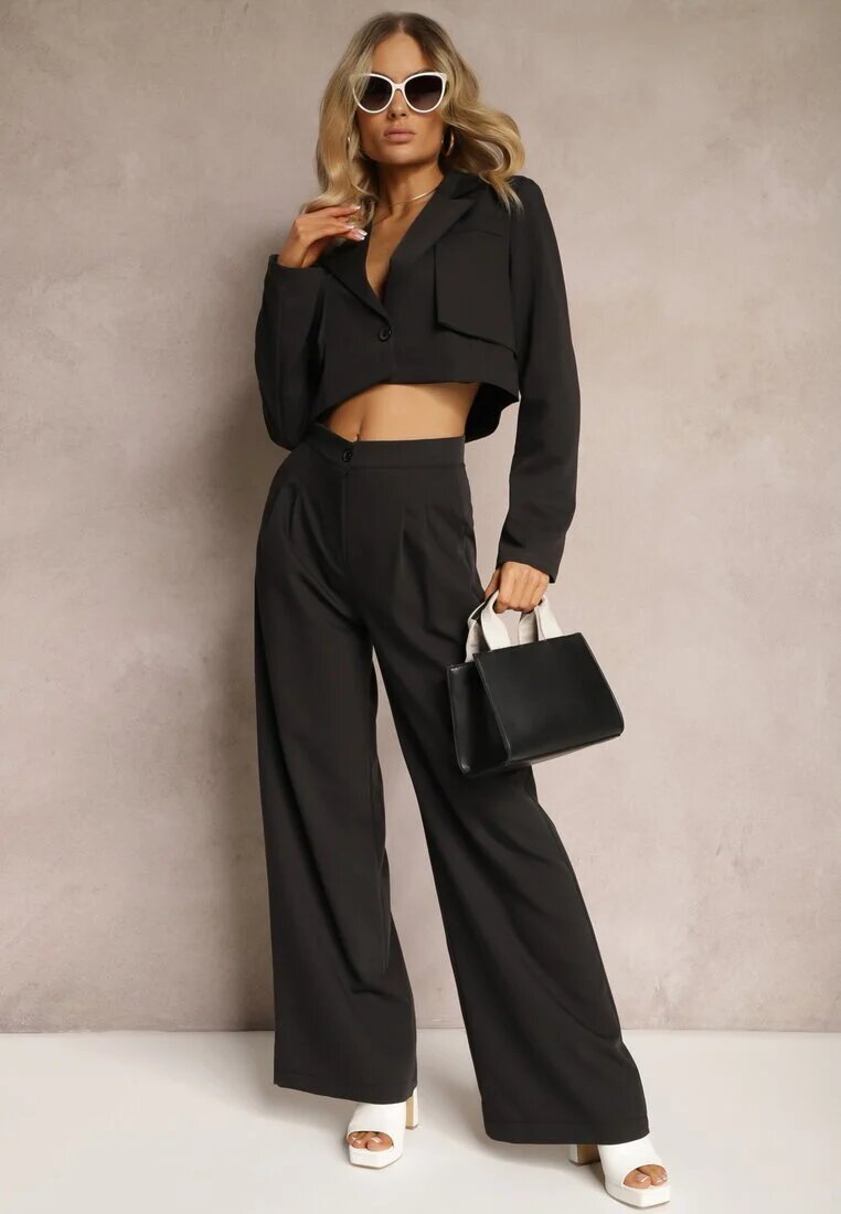  Compleu de costum Negru Sacou scurt și Pantaloni largi Mairilee