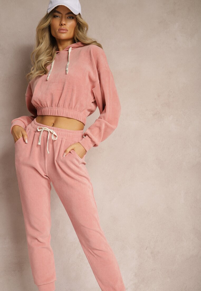  Compleu de trening Roz cu adaos de bumbac Pantaloni cu elastic in talie și Bluză cu glugă Hasaria