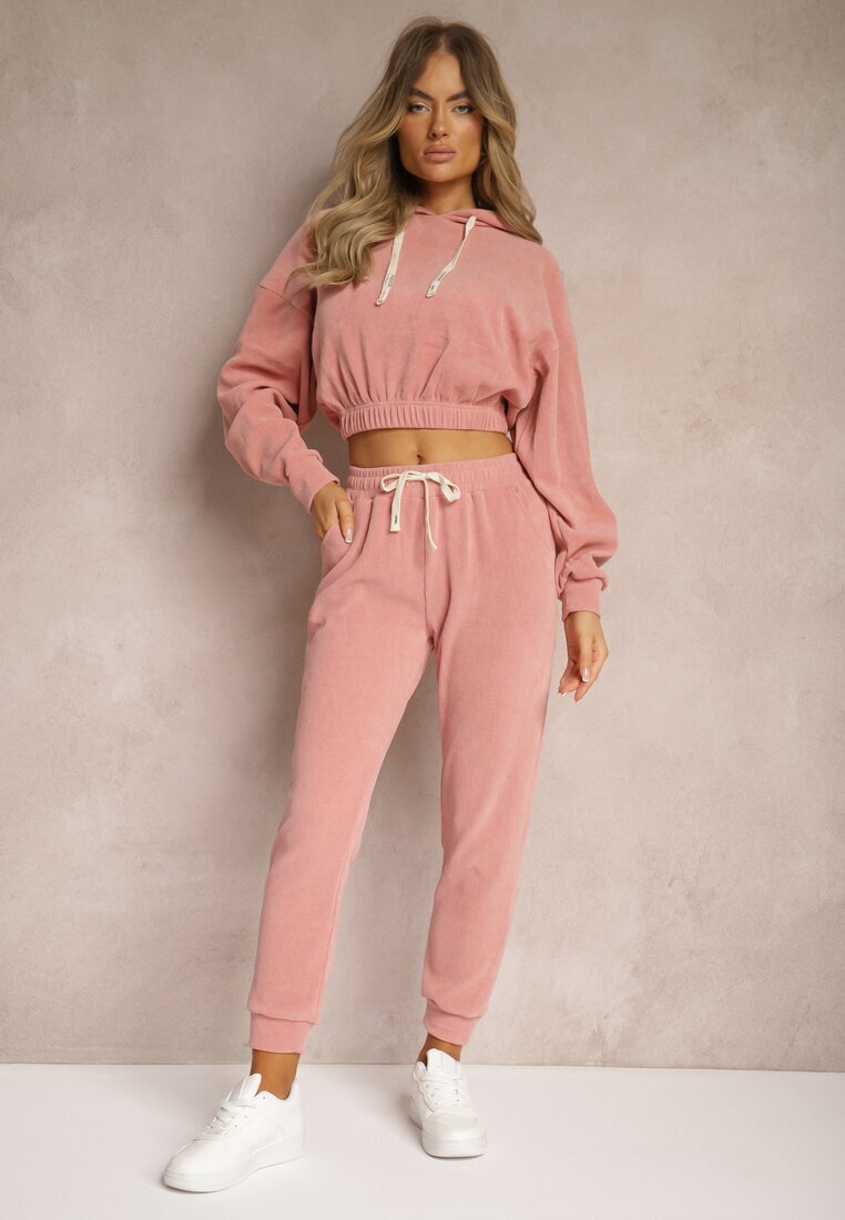  Compleu de trening Roz cu adaos de bumbac Pantaloni cu elastic in talie și Bluză cu glugă Hasaria