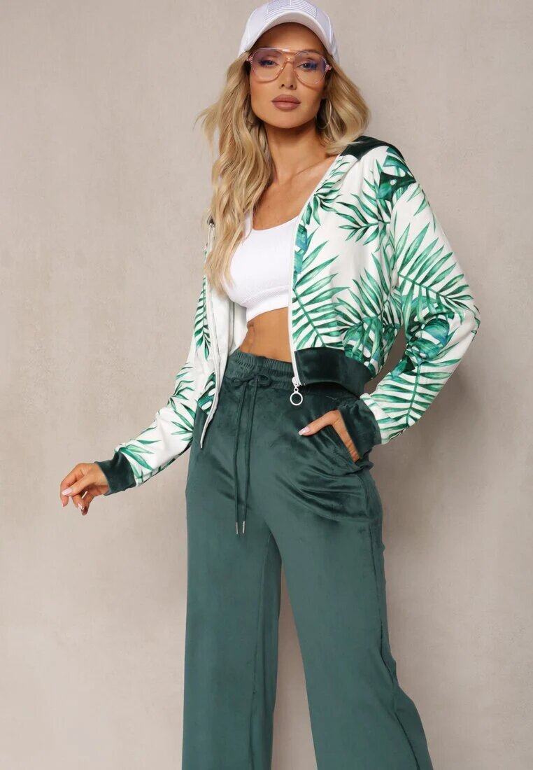  Compleu de trening verde închis din velur bluză cu glugă și imprimeu floral și pantaloni largi lejeri Raiantise