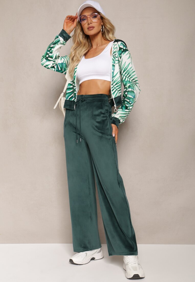  Compleu de trening verde închis din velur bluză cu glugă și imprimeu floral și pantaloni largi lejeri Raiantise