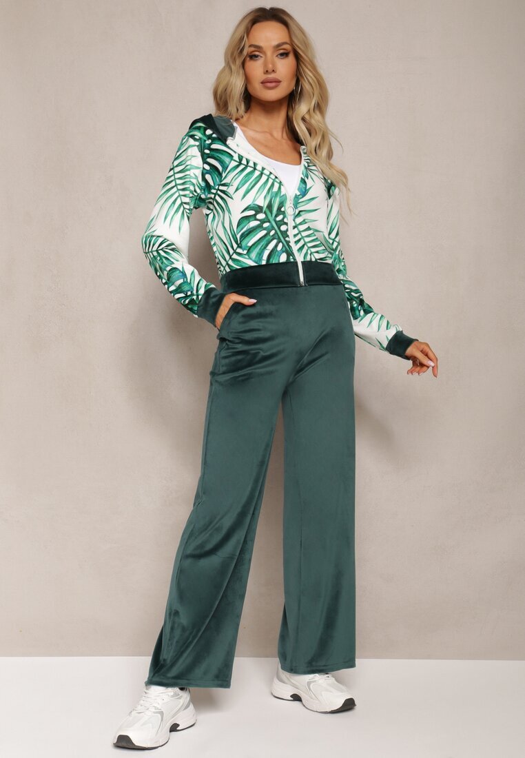  Compleu de trening verde închis din velur bluză cu glugă și imprimeu floral și pantaloni largi lejeri Raiantise