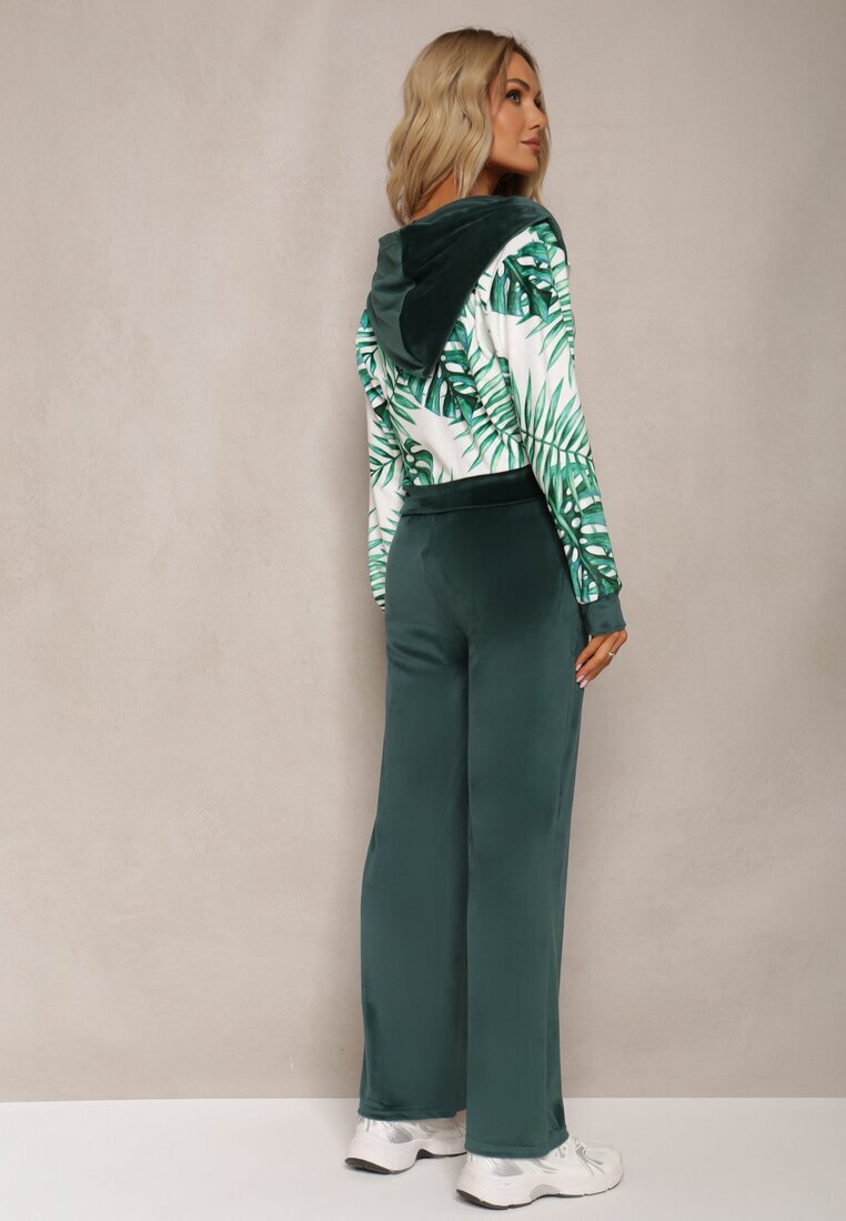  Compleu de trening verde închis din velur bluză cu glugă și imprimeu floral și pantaloni largi lejeri Raiantise