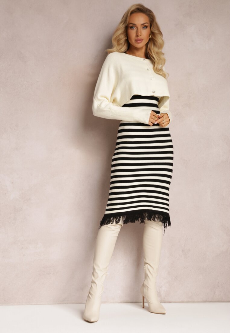  Compleu din 2 piese Bej deschis Rochie în dungi și Cardigan scurt cu nasturi Orivela