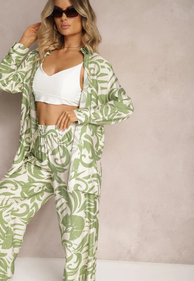 Compleu din 2 piese Verde din viscoză Cămașă cu mânecă lungă și Pantaloni largi Yiseria
