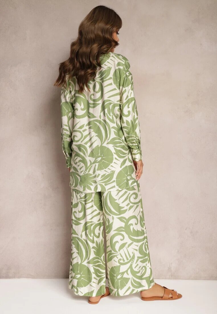  Compleu din 2 piese Verde din viscoză Cămașă cu mânecă lungă și Pantaloni largi Yiseria