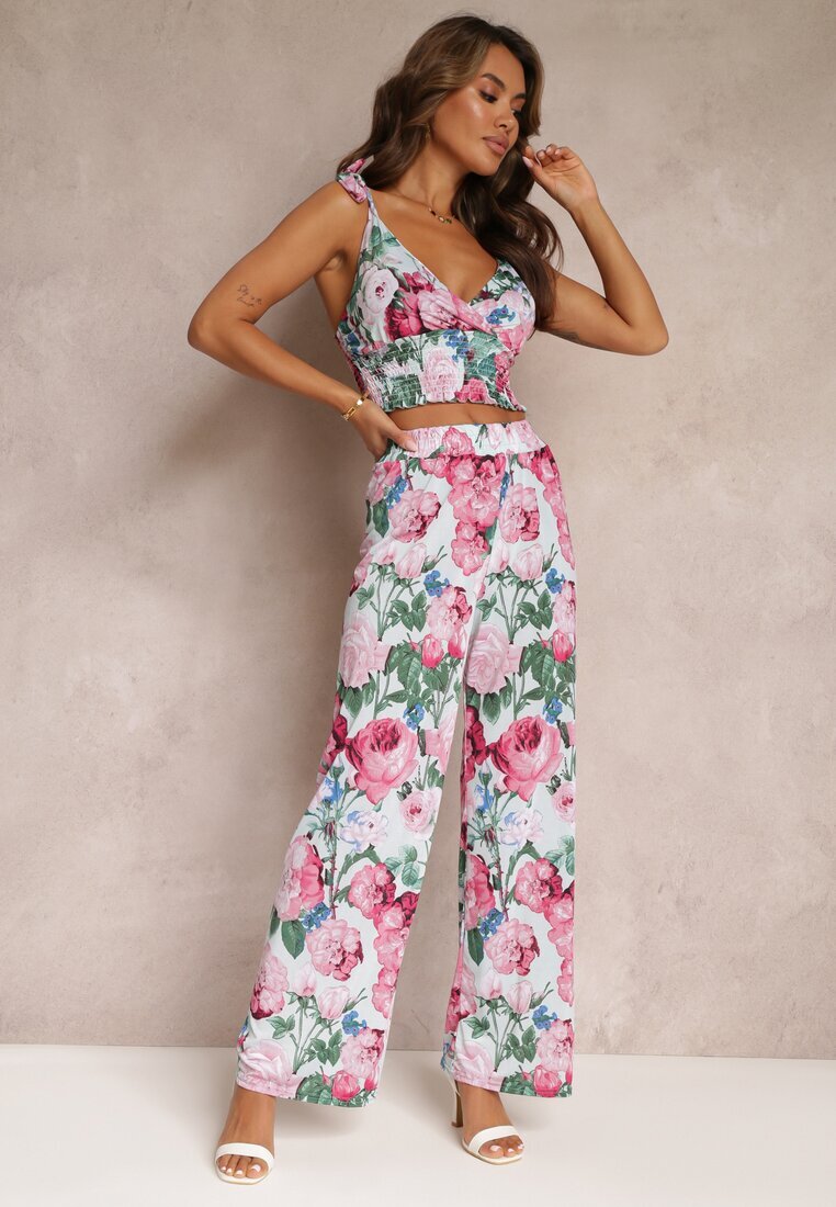  Compleu Floral Albastru deschis Din 2 piese cu Top și Pantaloni Tartisa