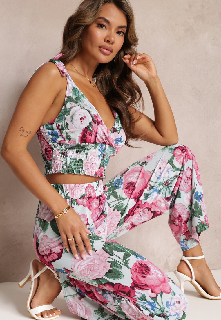  Compleu Floral Albastru deschis Din 2 piese cu Top și Pantaloni Tartisa
