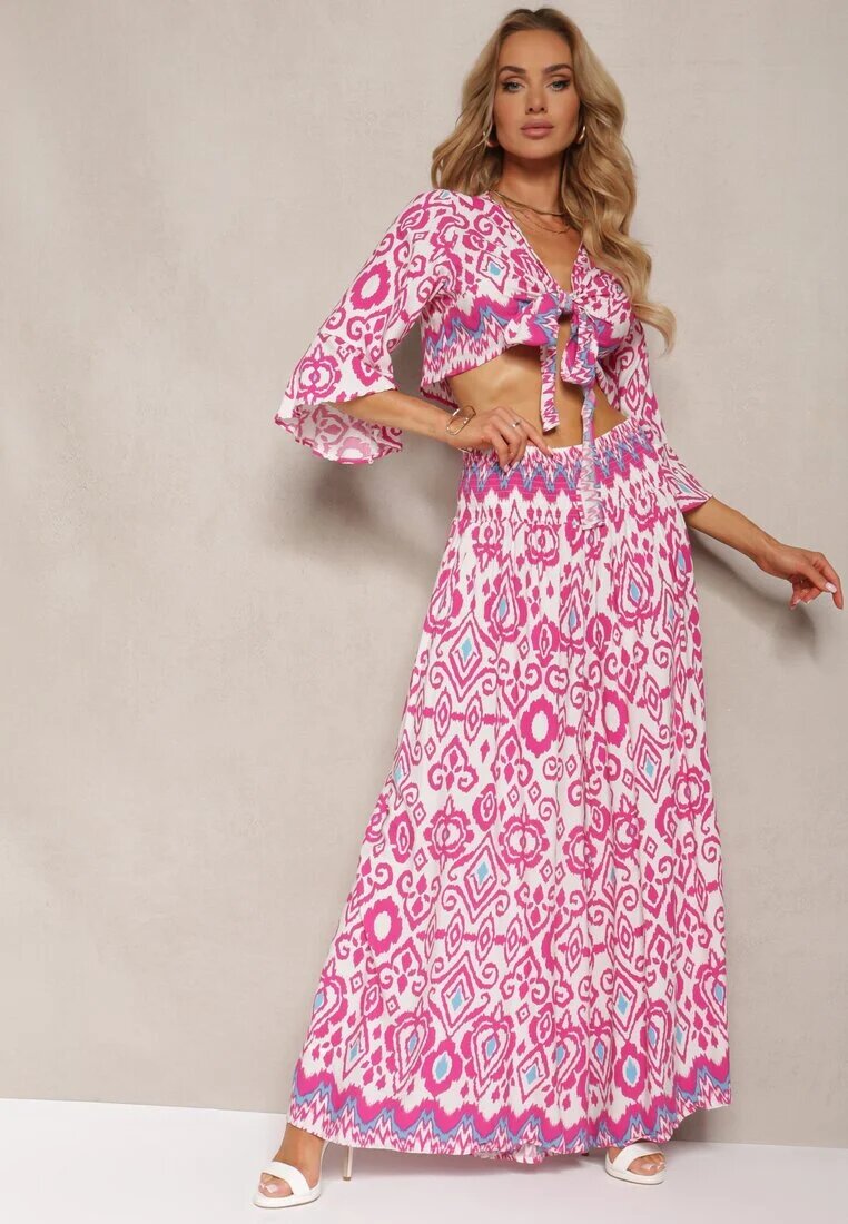  Compleu Fuchia Bluză Tip plic Legat sub bust Pantaloni largi cu elastic în talie Viknelas