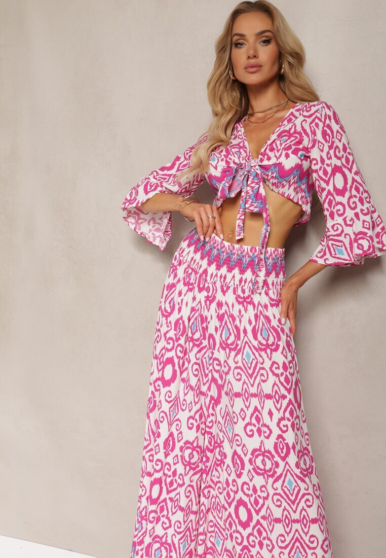  Compleu Fuchia Bluză Tip plic Legat sub bust Pantaloni largi cu elastic în talie Viknelas