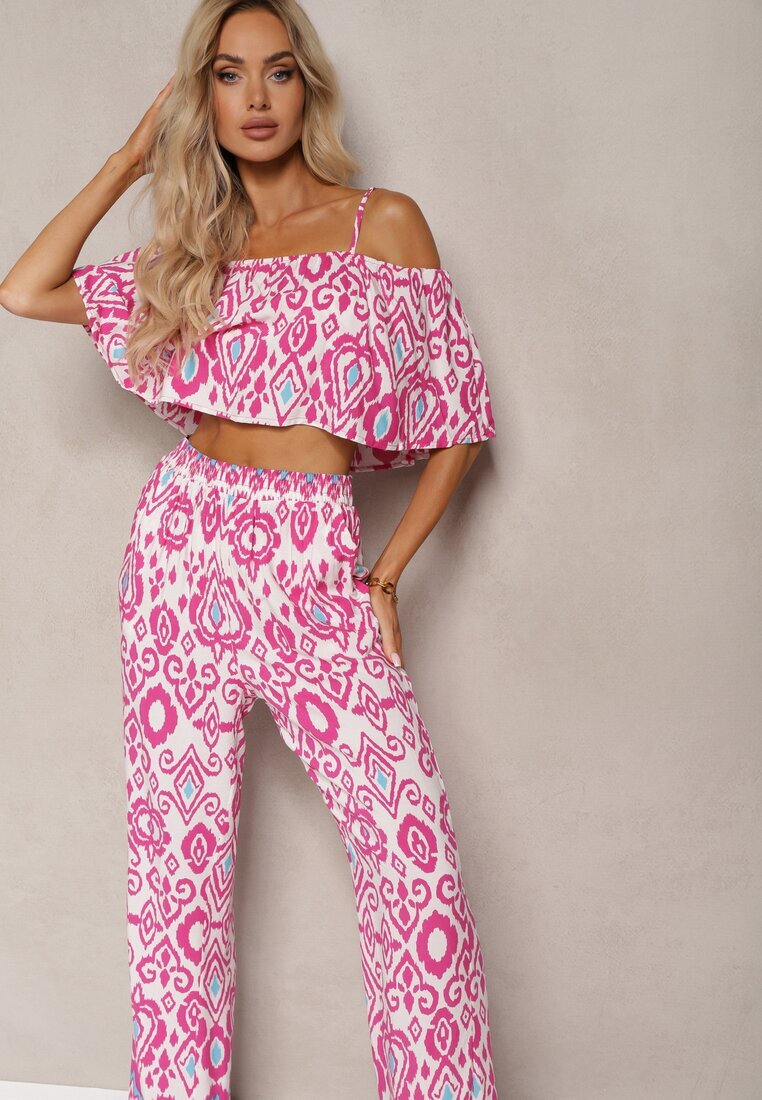  Compleu Fucsia din Bumbac Pantaloni cu Elastic în Talie Top cu Bretele Clarivia