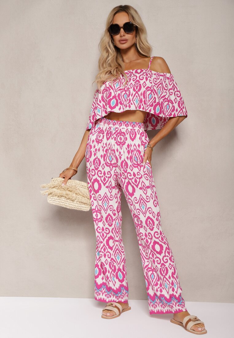  Compleu Fucsia din Bumbac Pantaloni cu Elastic în Talie Top cu Bretele Clarivia