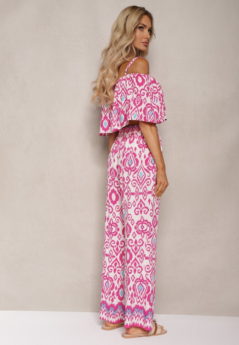  Compleu Fucsia din Bumbac Pantaloni cu Elastic în Talie Top cu Bretele Clarivia