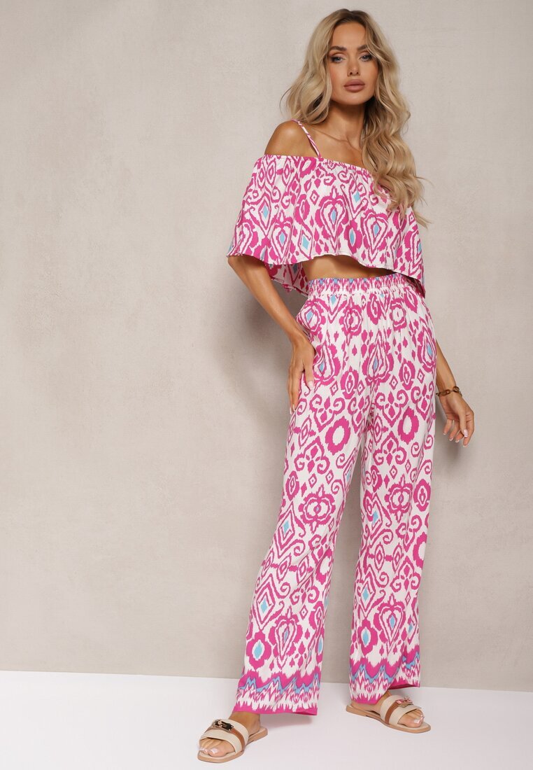  Compleu Fucsia din Bumbac Pantaloni cu Elastic în Talie Top cu Bretele Clarivia