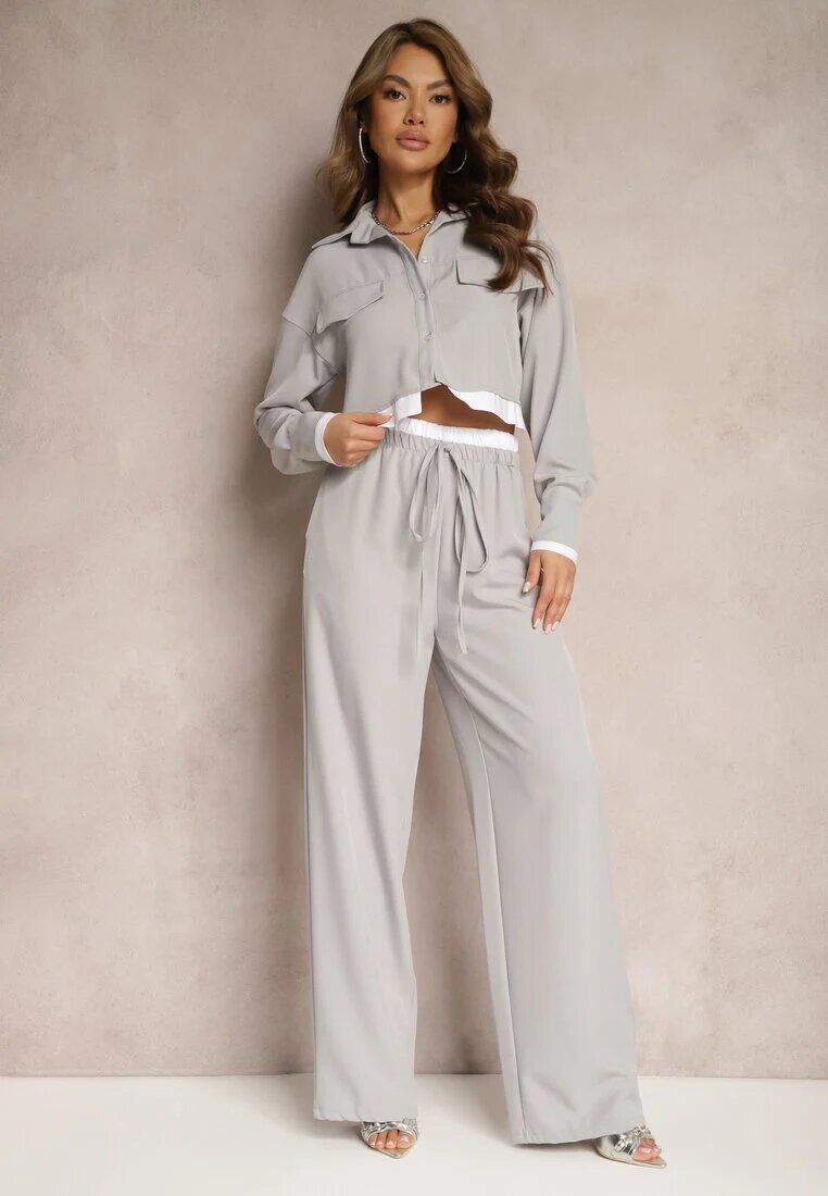  Compleu Gri Utility cu Cămașă Scurtă și Pantaloni Larghi cu Elastic în Talie Ondina