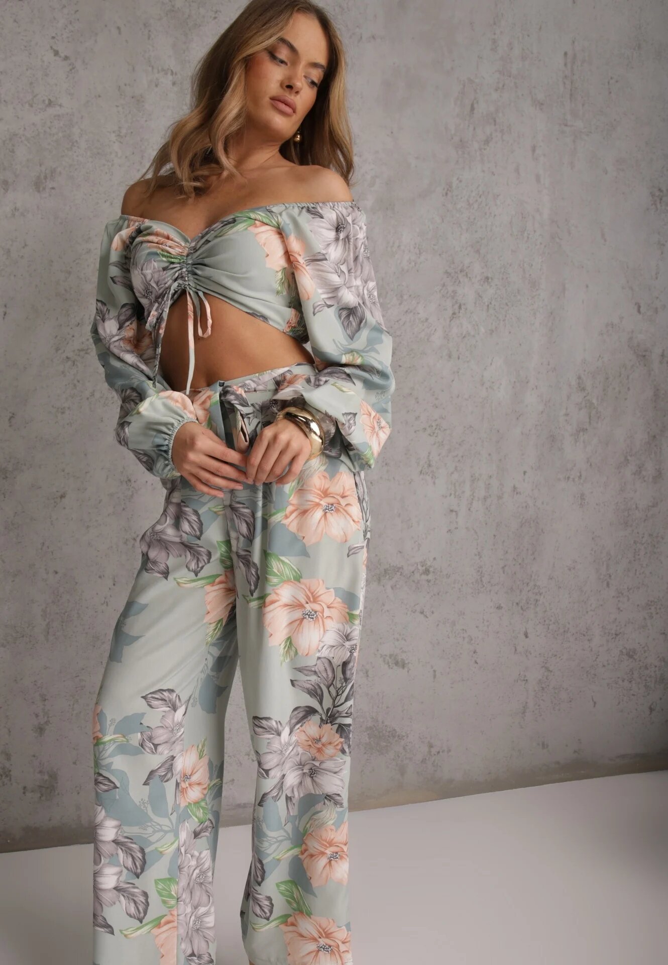  Compleu Mentă 2 piese Bluză cu mânecă lungă și Pantaloni largi cu elastic în talie floral Calaq