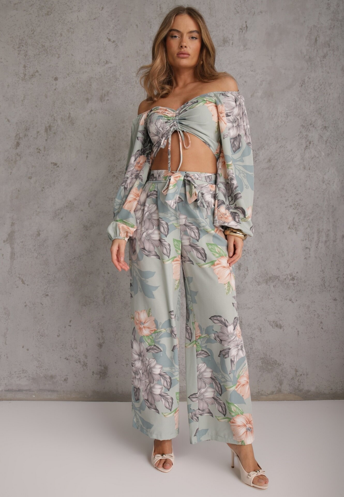  Compleu Mentă 2 piese Bluză cu mânecă lungă și Pantaloni largi cu elastic în talie floral Calaq