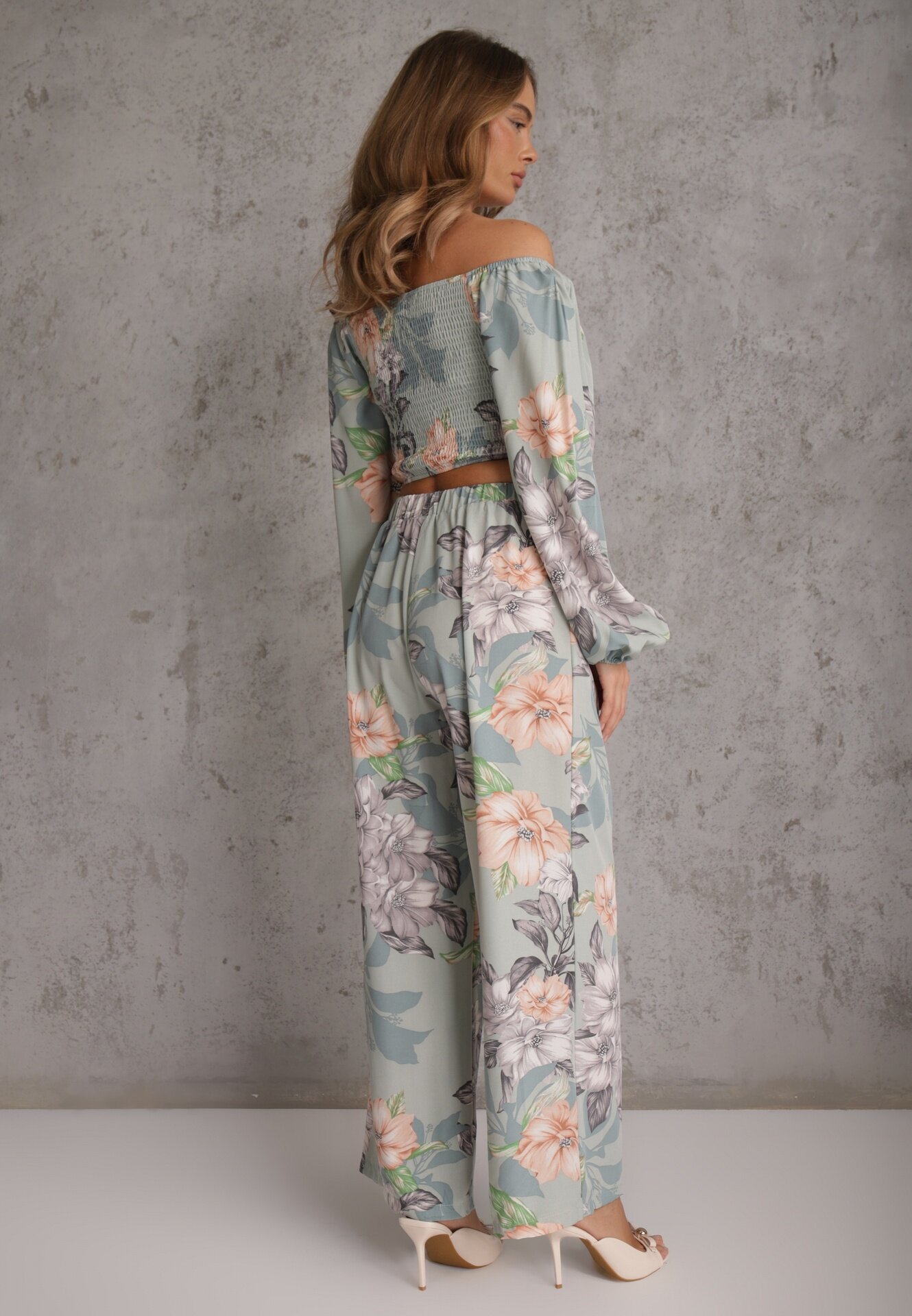  Compleu Mentă 2 piese Bluză cu mânecă lungă și Pantaloni largi cu elastic în talie floral Calaq