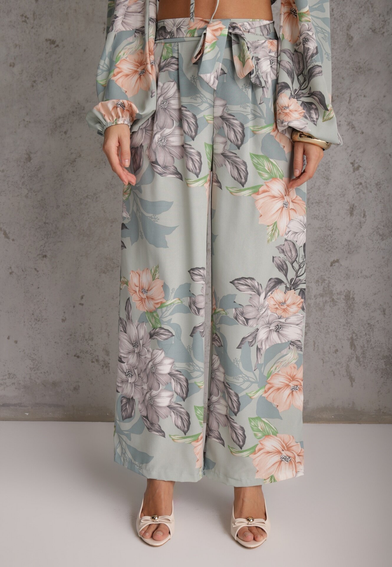  Compleu Mentă 2 piese Bluză cu mânecă lungă și Pantaloni largi cu elastic în talie floral Calaq