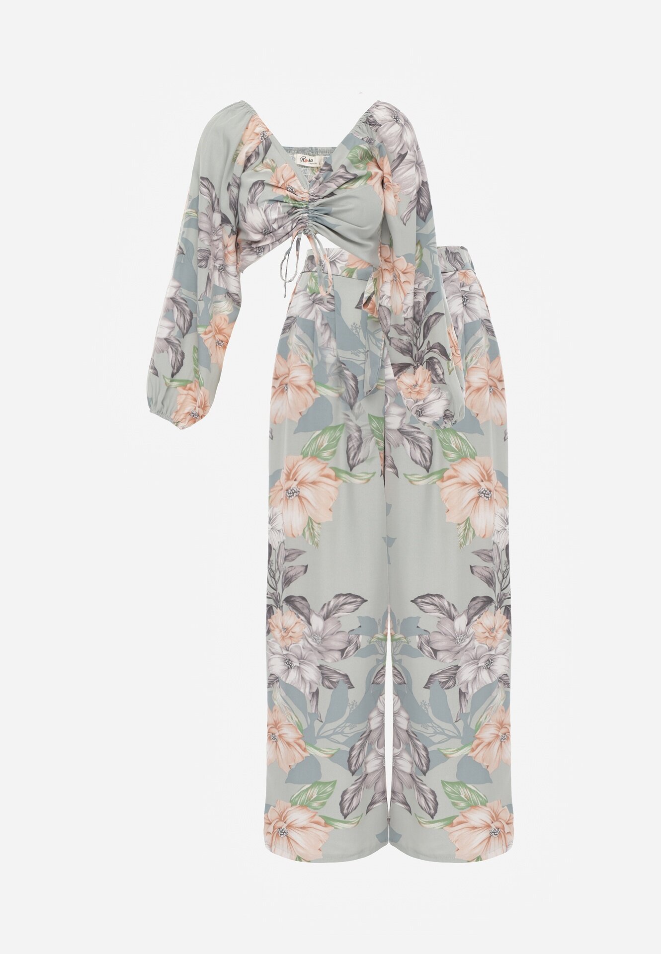  Compleu Mentă 2 piese Bluză cu mânecă lungă și Pantaloni largi cu elastic în talie floral Calaq