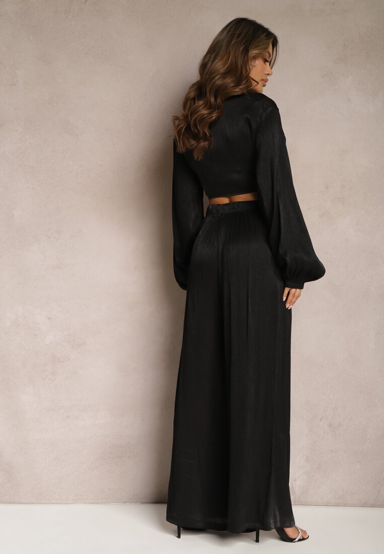  Compleu Negru Cămașă legată cu mâneci largi și Pantaloni largi Aphina