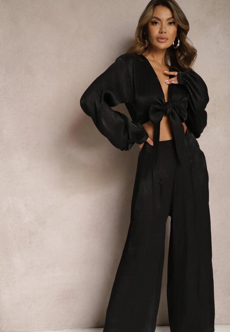  Compleu Negru Cămașă legată cu mâneci largi și Pantaloni largi Aphina